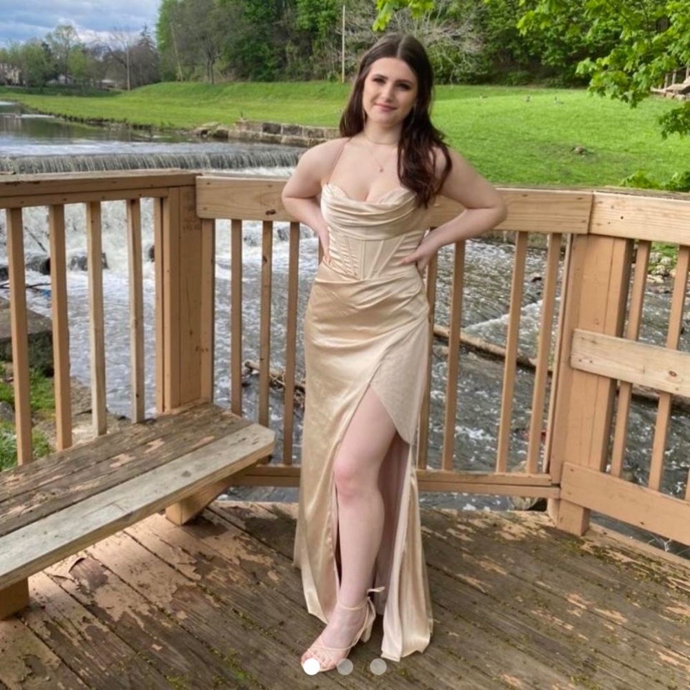 corset satin champagne prom dress